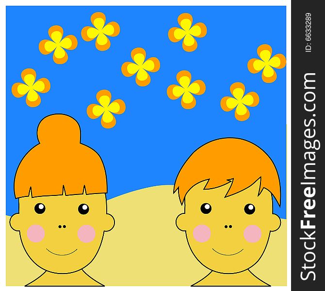 Boy and Girl Durring Summer Time Illustration Vector With Flowers In Sky