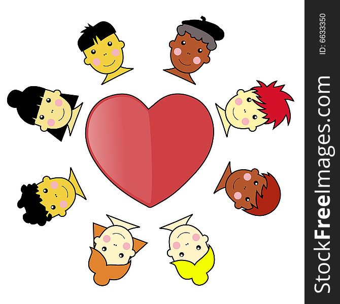 Multicultural Kid Faces United Around Heart Illust