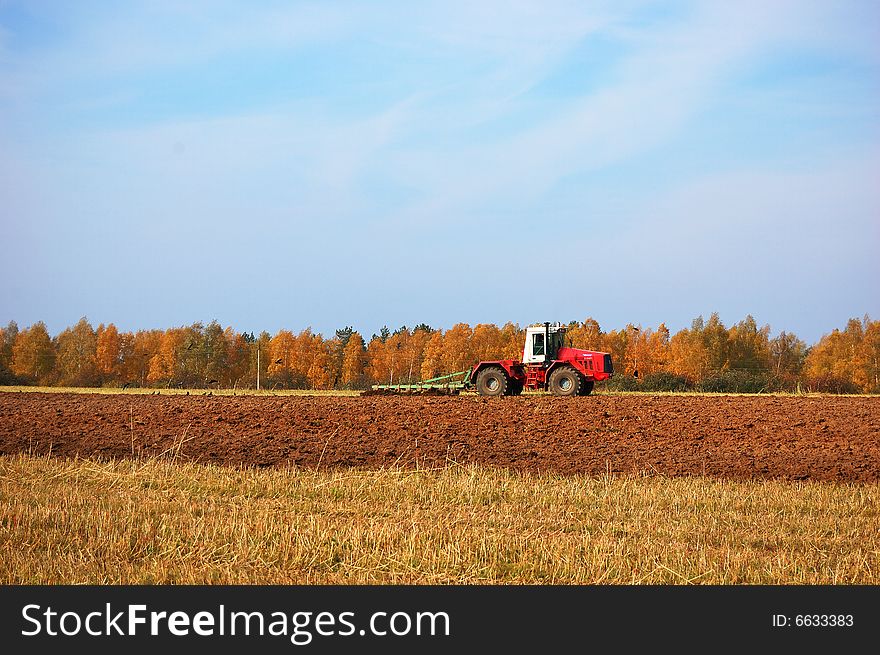 Plowing under a second growth of wheat shoots in autumn