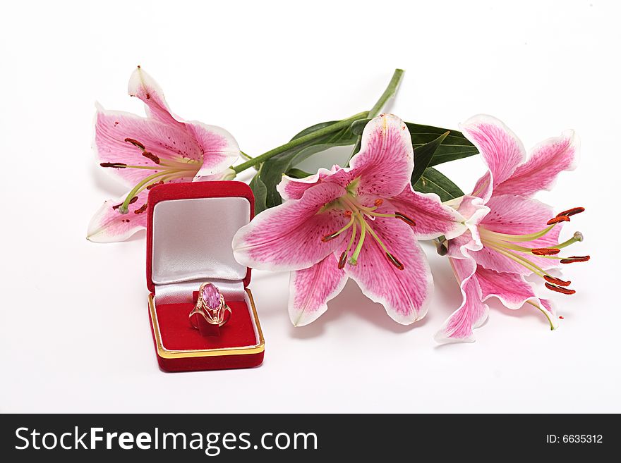 Pink lily and ring in red box
