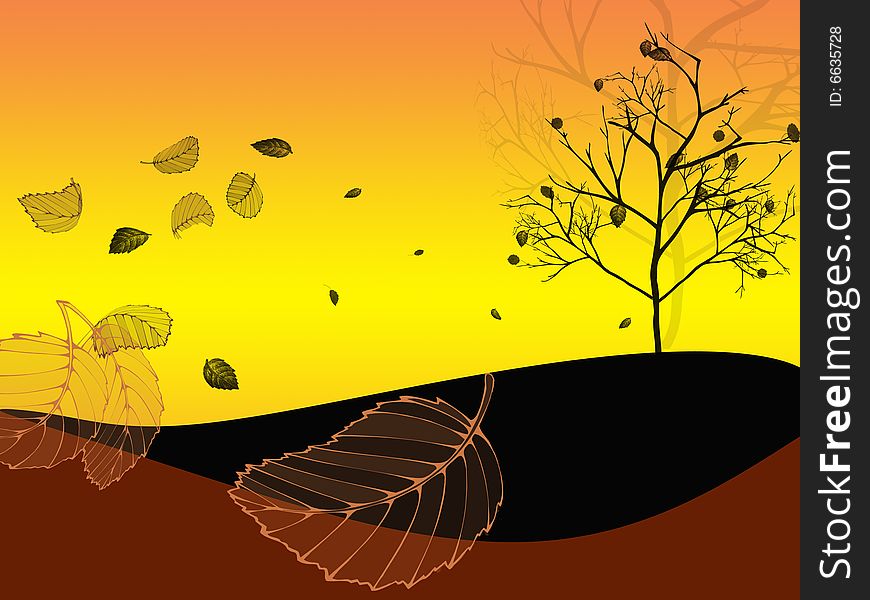 Autumn illustration of tree with leaves blowing in the wind. Autumn illustration of tree with leaves blowing in the wind