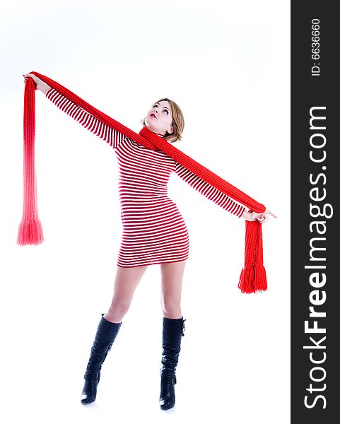 Beautiful girl with long red scarf, studio isolated
