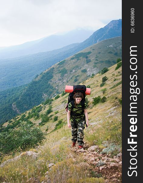 Backpacker hikes in Crimea mountains. Backpacker hikes in Crimea mountains