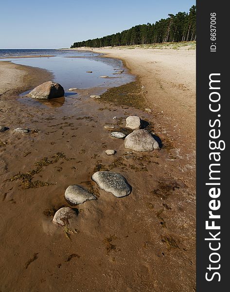 Wide angle beach view with some rocks