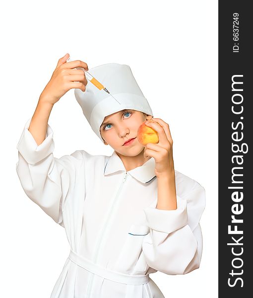 Medical student girl with syringe and peach isolated on white