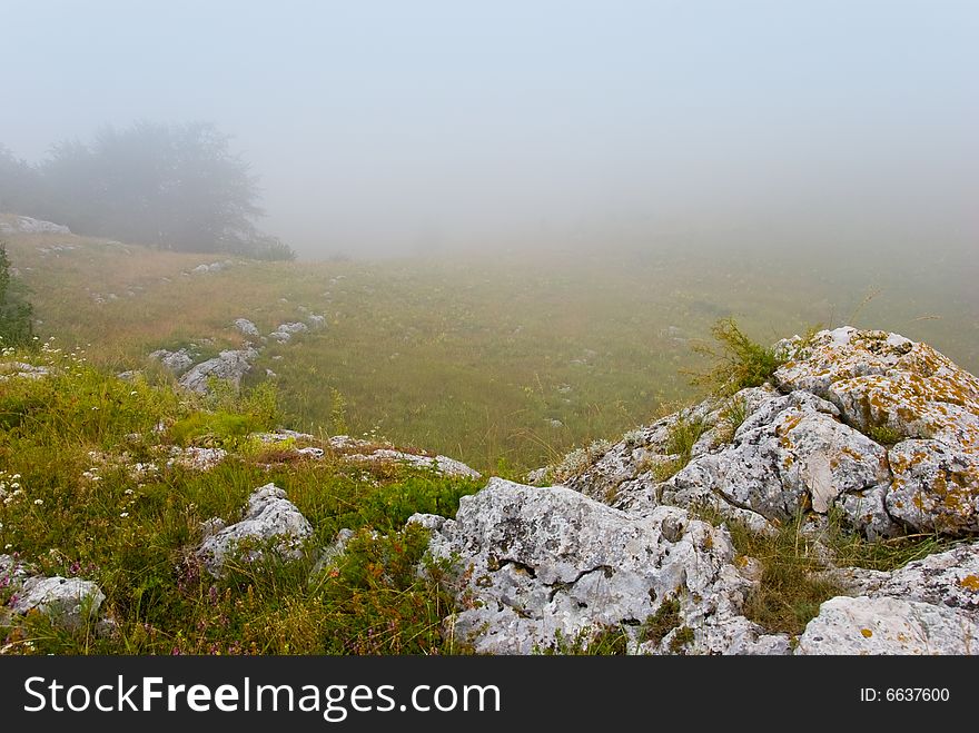 Misty morning meadow in Crimea mountains, Ukraine. Stones on a foreground