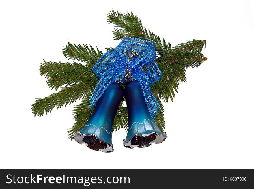 Christmas blue bell decoration with ribbon and fir branch. Christmas blue bell decoration with ribbon and fir branch