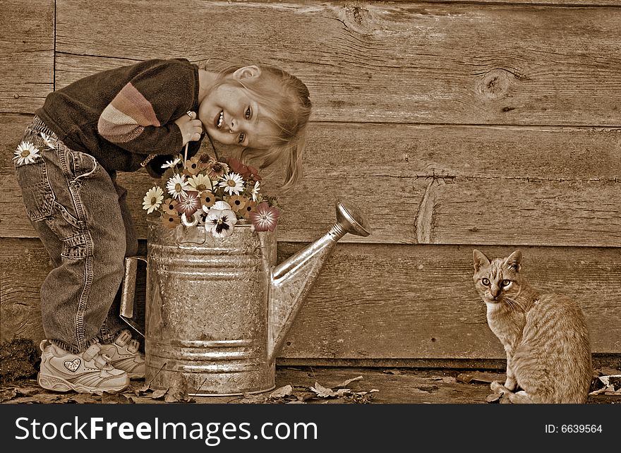 Little girl with her pet cat in sepia tones. Little girl with her pet cat in sepia tones.