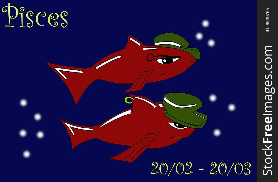 A series of illustrations that represents the zodiacal signs. this illustration represents the sign of pisces, through two fishes-hooligans. It's better don't meet those animal when we are swimming: it could be dangerous.
