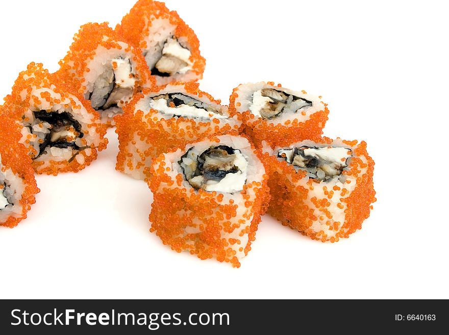 Sushi rolls with rice isolated on white.