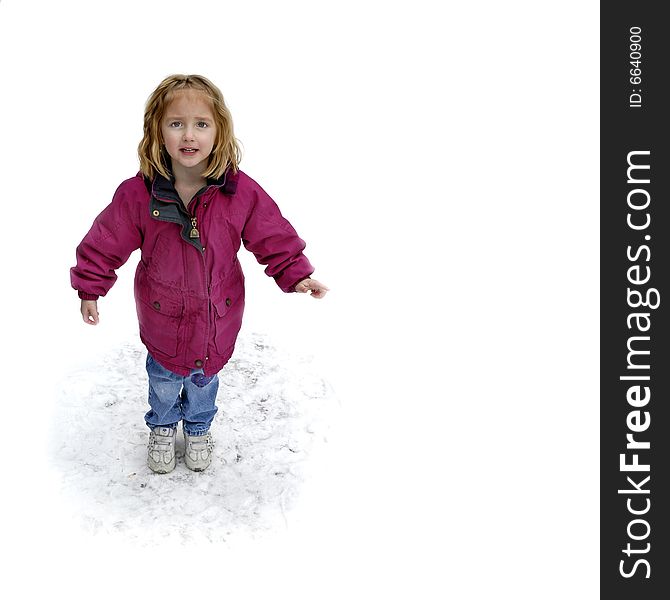 One little girl playing in the snow on a winter day