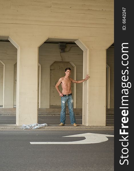 Shirtless Male model in Tunnel