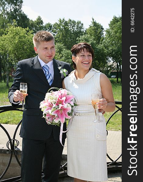 The newly married pair on the bridge with wine glasses of wine is joyfully dared. The newly married pair on the bridge with wine glasses of wine is joyfully dared