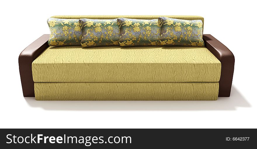 Big modern yellow sofa with four flower decorated pillows on white background