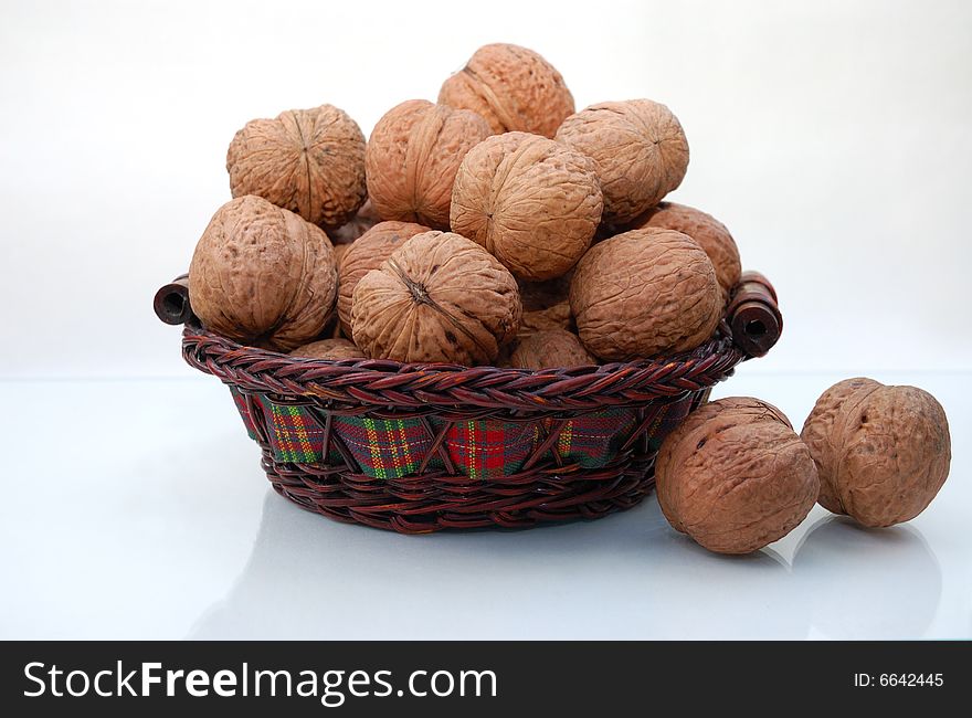 Basket with walnuts on the glass area