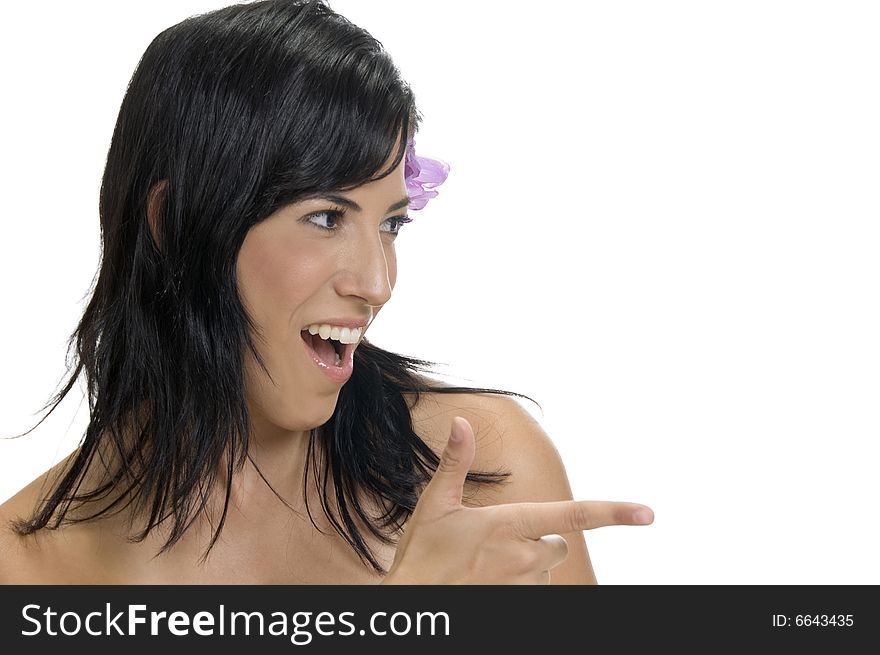 Smiling lady indicating side with white background