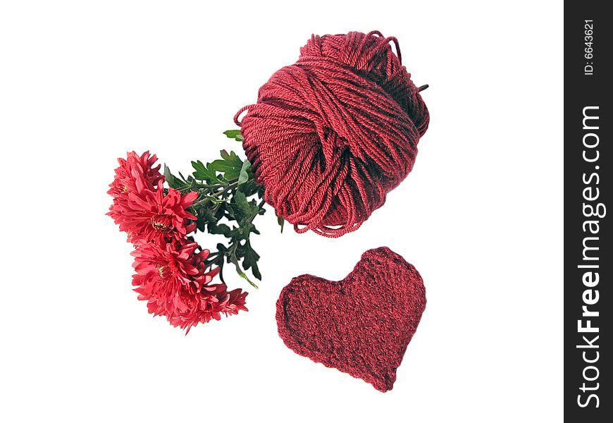 Cherry Skein With Chrysanthemums And Knitted Heart