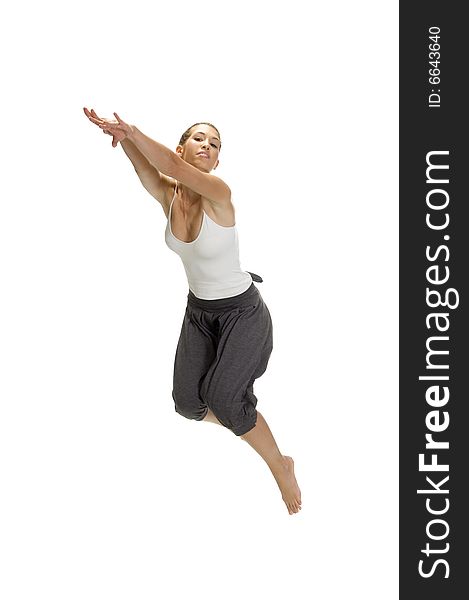 Caucasian woman leaps in air