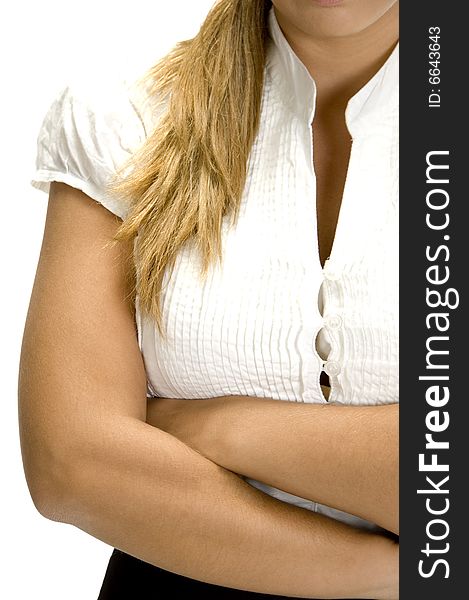 Close up of woman's hand on an isolated white background