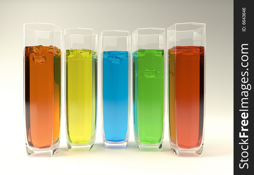 5 glasses with coloured liquids inside