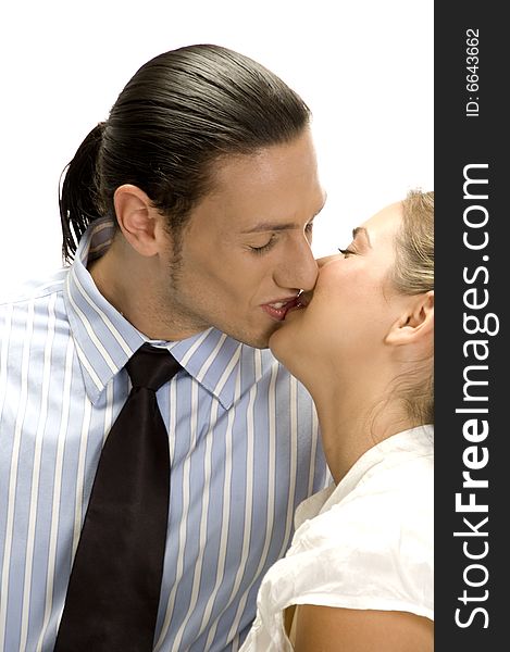 Kissing couple posing with white background