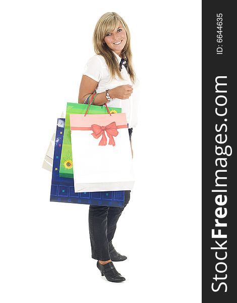 Pretty girl with bags isolaated on white