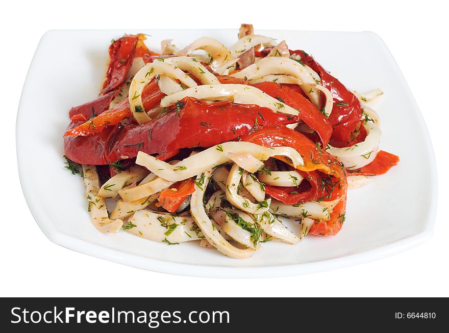 Squids with pepper on a plate of white (Objects with Clipping Paths)