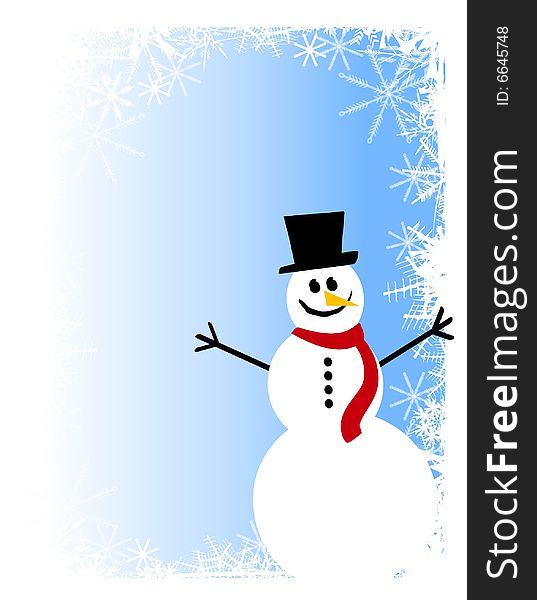 An illustration featuring a smiling snowman sitting in the snow against blue snowy border. An illustration featuring a smiling snowman sitting in the snow against blue snowy border