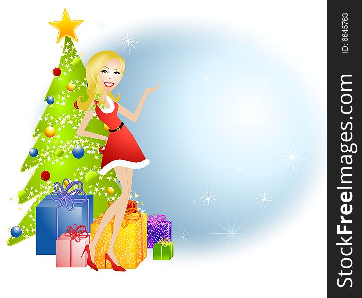 An illustration featuring a woman wearing a festive little red dress standing in front of trees and gifts with hand raised presenting something. This version is more isolated and offers a blue oval content area. An illustration featuring a woman wearing a festive little red dress standing in front of trees and gifts with hand raised presenting something. This version is more isolated and offers a blue oval content area.