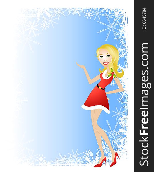 An illustration featuring a woman wearing a festive little red dress standing in front of  a snowflake border with gradient blue. An illustration featuring a woman wearing a festive little red dress standing in front of  a snowflake border with gradient blue.