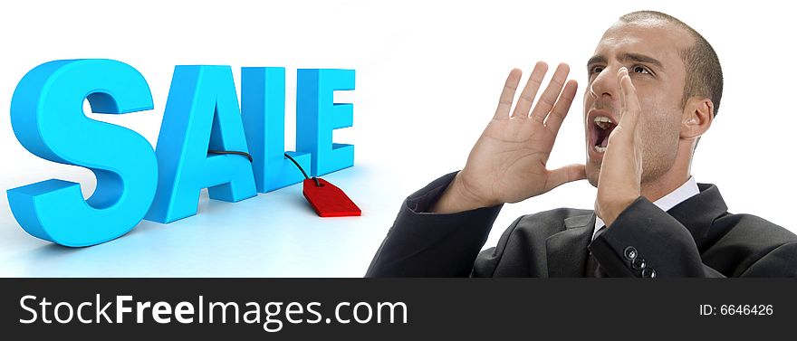 Three dimensional sale text with tag and shouting man on an isolated white background