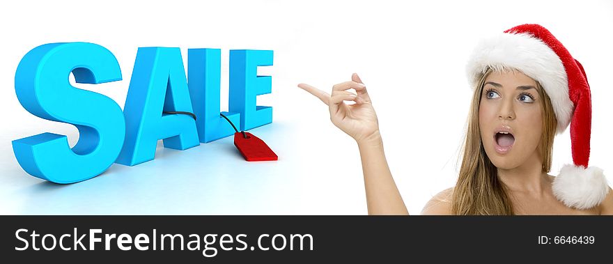 Sexy lady pointing to sale 3d text on an isolated white background