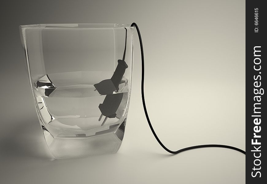Plug inside of a glass of water that suggests danger. Plug inside of a glass of water that suggests danger