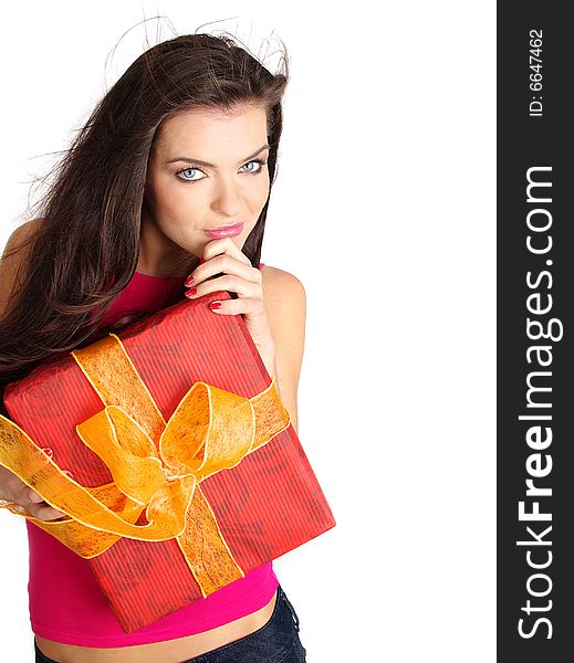 Girl smiles and holding a gift box