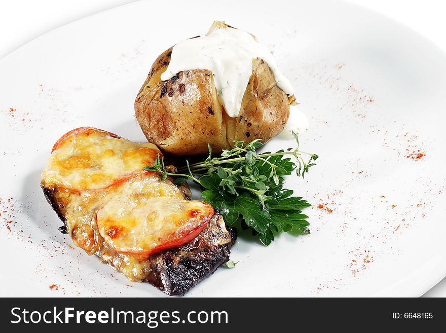 Beef Liver with Roast Potatoes Served with Parsley. Isolated on White Background