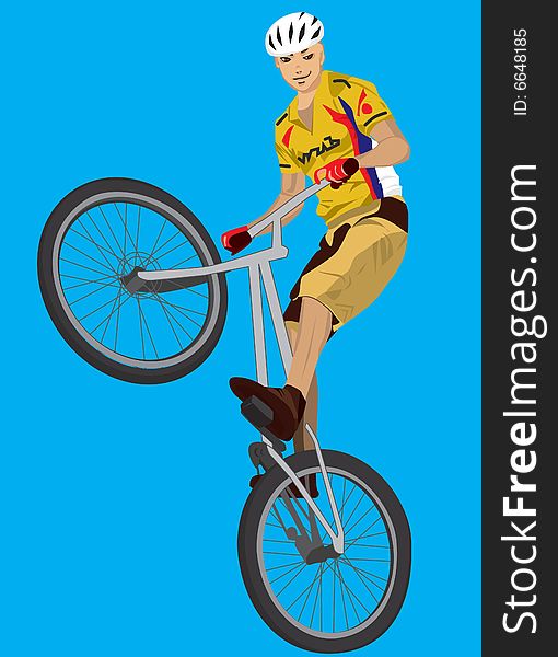 BMX bicycle and boy on the blue background