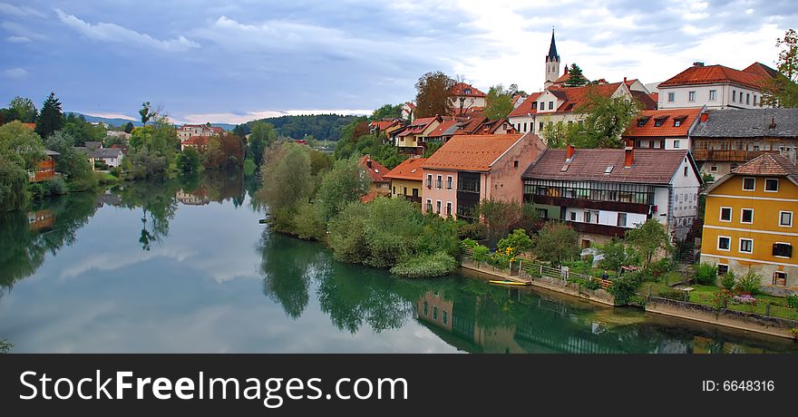Viev of Novo Mesto riverside from bridge - Slovenia. Viev of Novo Mesto riverside from bridge - Slovenia