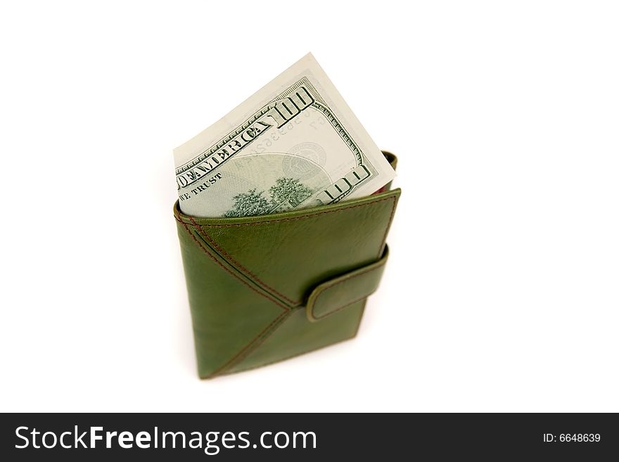 One hundred dollar bill in the green wallet  isolated on a white background