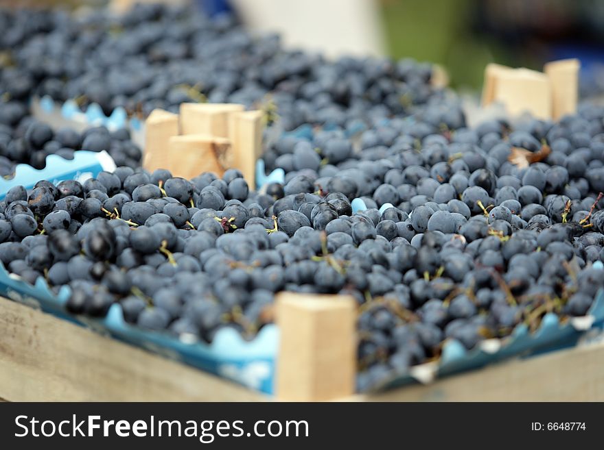 Blue juicy grapes in wooden boxes