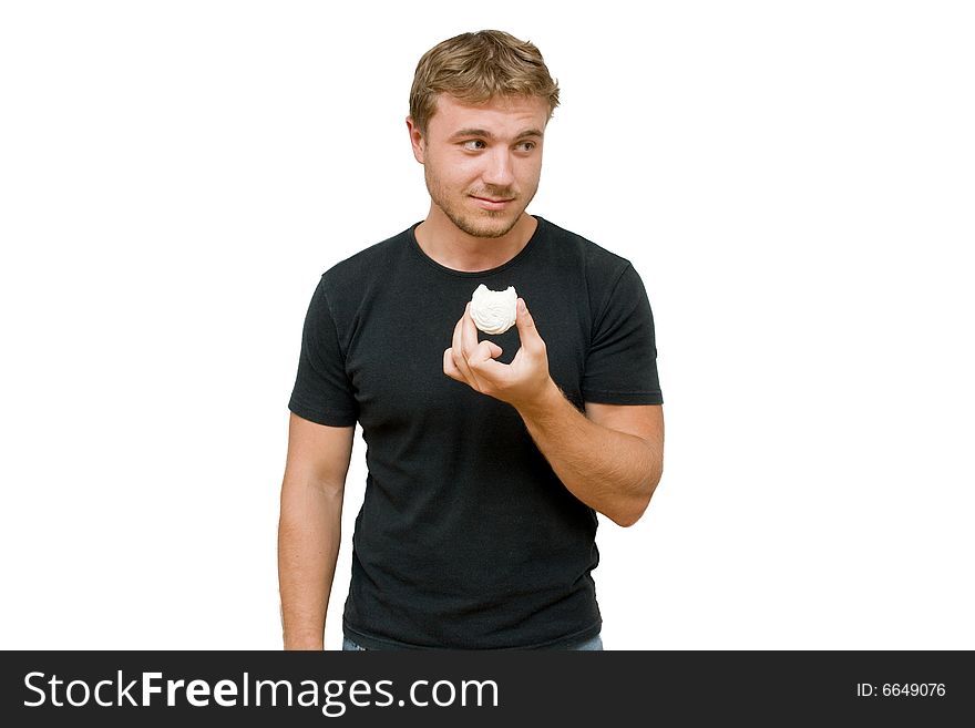 Young man and zephyr isolated on white background