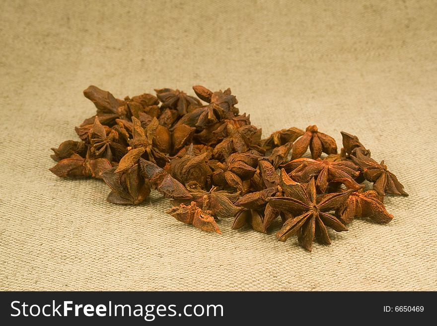 Star anise fruits on burlap