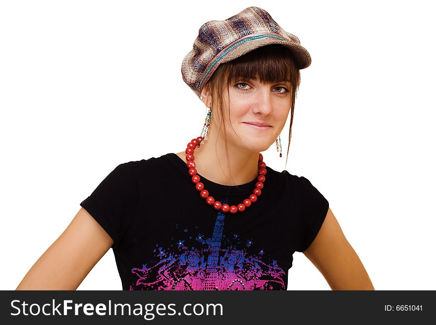 Smiling young girl in a brown cap on white background