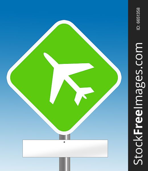 Aeroplane sign with blank board under it in blue background