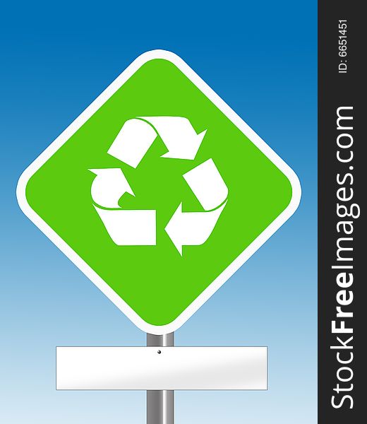 Recycle area  sign with blank board under it in blue background. Recycle area  sign with blank board under it in blue background