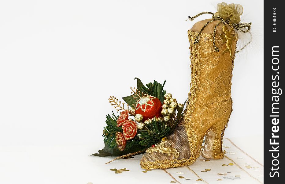 Christmas vintage lace boot decoration with clipping path and copy space. Christmas vintage lace boot decoration with clipping path and copy space.