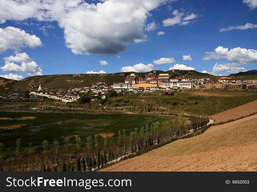 View from Songzanlin Monastery near Zhongdian, China, the largest Tibetan Buddhist monastery in Yunnan province. View from Songzanlin Monastery near Zhongdian, China, the largest Tibetan Buddhist monastery in Yunnan province.