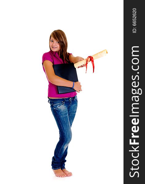 Teenager schoolgirl happy with her graduation on white background