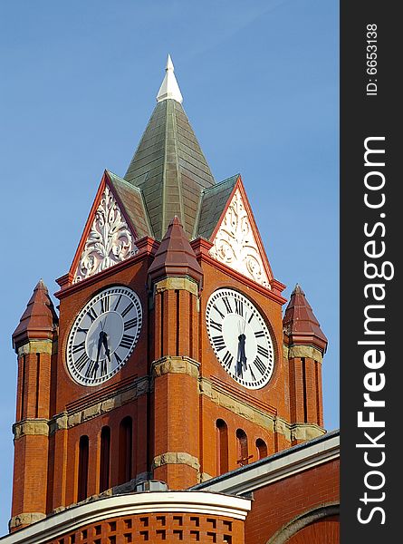 Historic clock tower which sets atop a city government building in Port Townsend, Washington