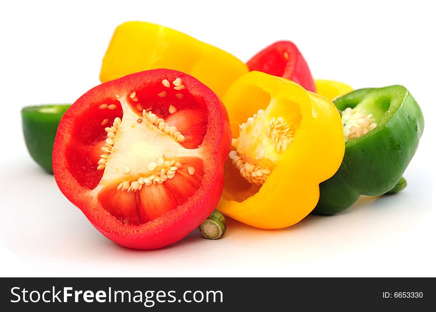 Chunky slices of three different coloured peppers. Chunky slices of three different coloured peppers