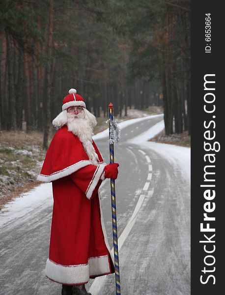 Santa Claus coming along deep forest road. Santa Claus coming along deep forest road